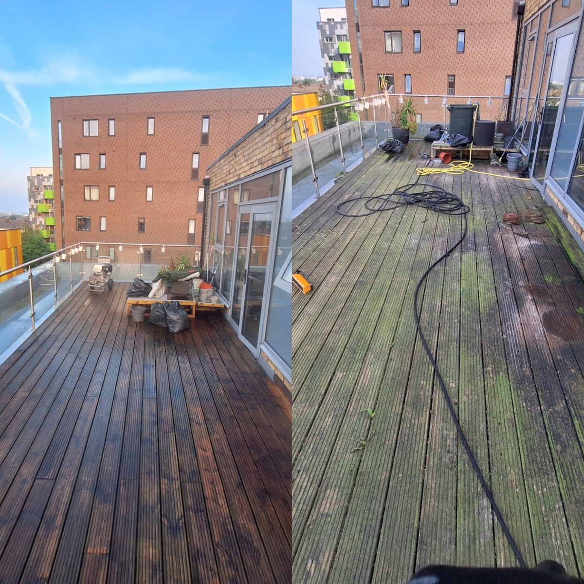 A rooftop terrace with timber decking, one half restored to rich clean wood and the other still covered in green algae, cleaned by AE Exterior Cleaning.