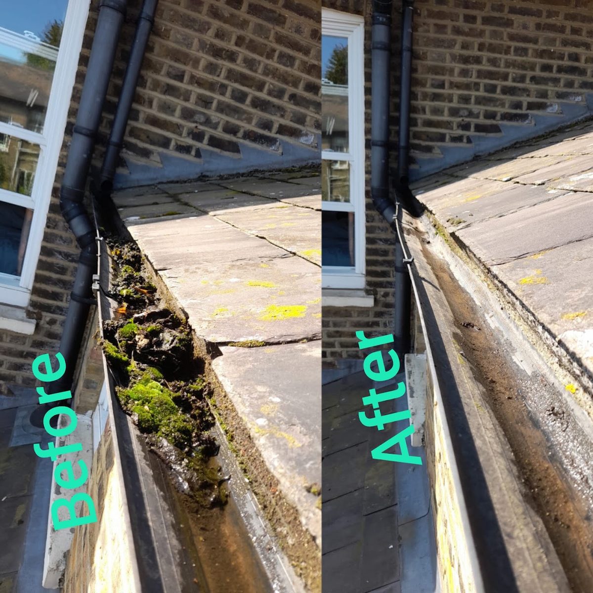 A roof gutter photographed before and after cleaning by AE Exterior Cleaning — moss and debris cleared out leaving a clear channel.